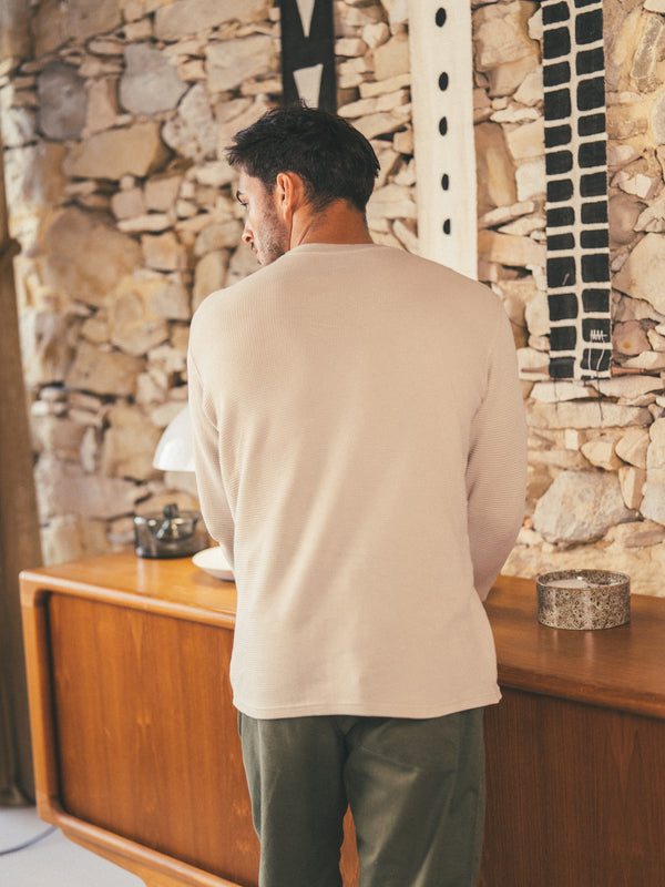 Pétrone T-shirt manches courtes gaufré thermal coton bio tencel beige homme