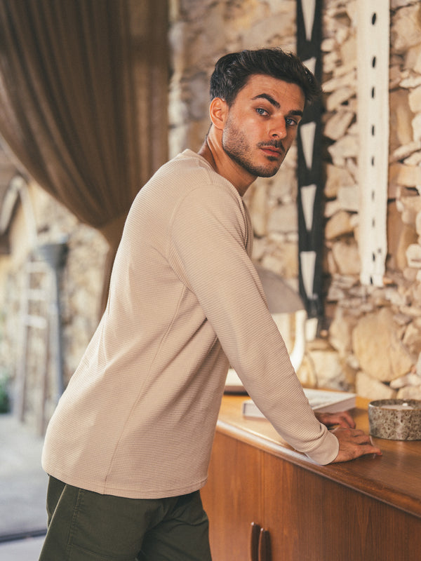 Pétrone T-shirt manches courtes gaufré thermal coton bio tencel beige homme