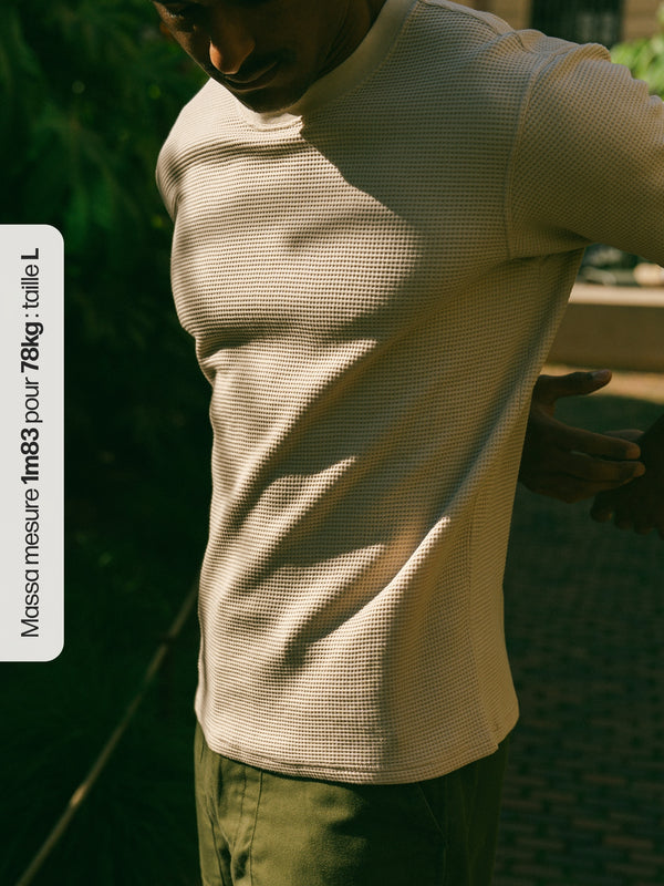 Pétrone T-shirt manches courtes gaufré thermal coton bio tencel beige homme#couleur_beige