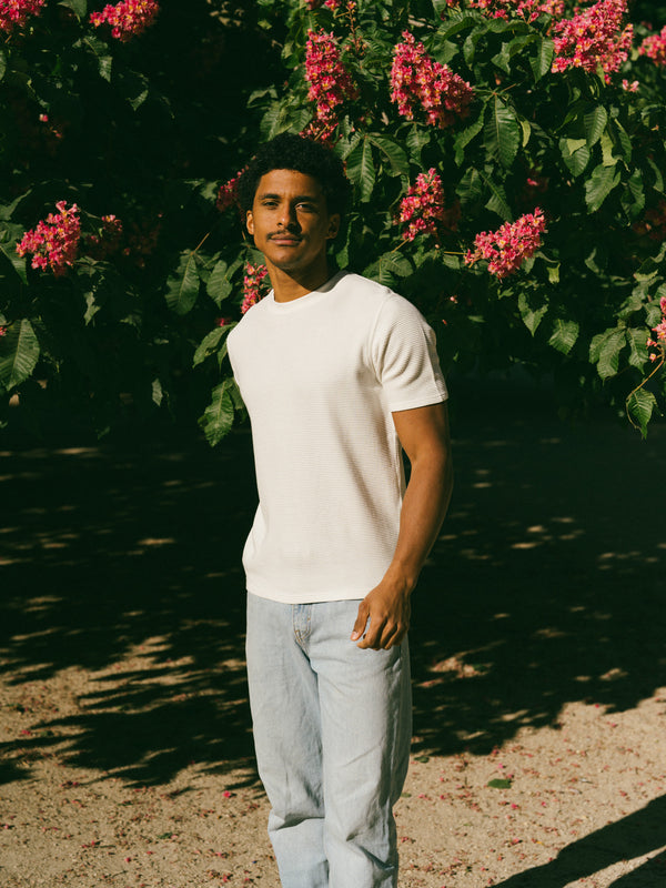 Pétrone T-shirt manches courtes gaufré thermal coton bio tencel blanc crème homme#couleur_blanc-crème