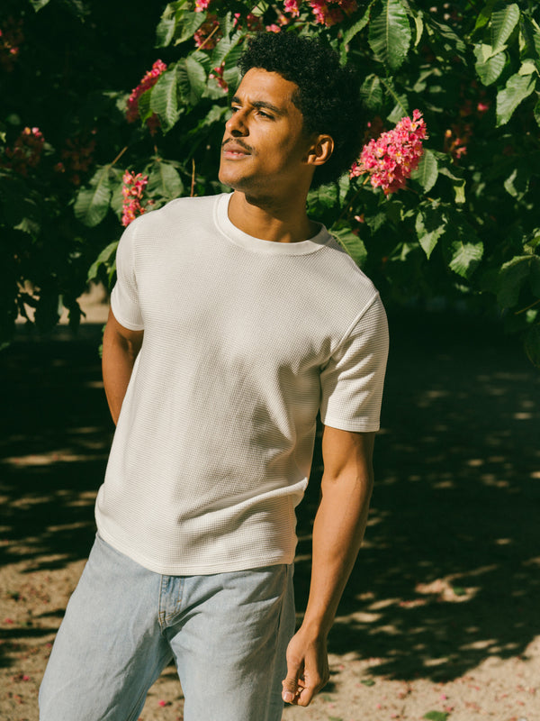 Pétrone T-shirt manches courtes gaufré thermal coton bio tencel blanc crème homme#couleur_blanc-crème