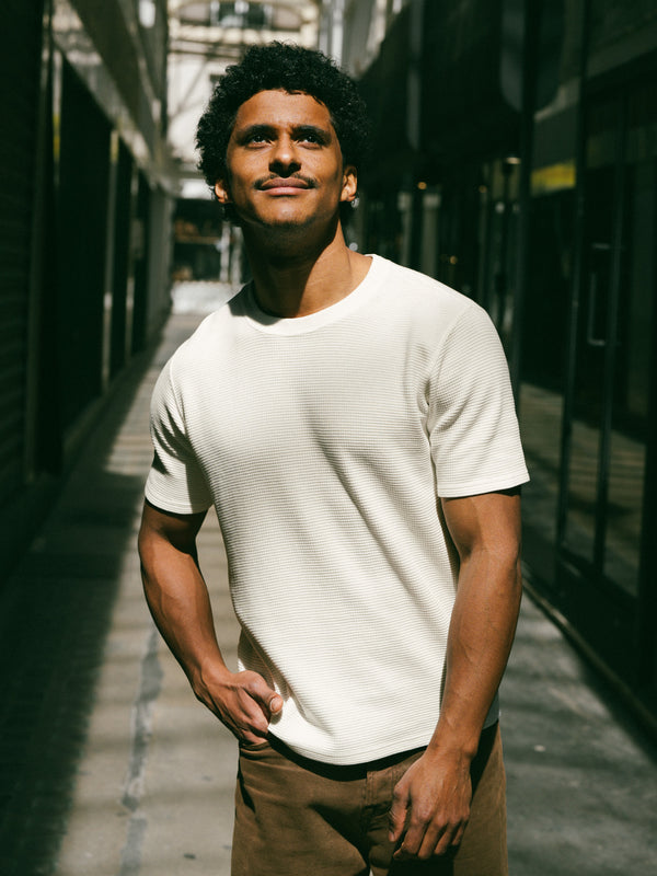 Pétrone T-shirt manches courtes gaufré thermal coton bio tencel blanc crème homme#couleur_blanc-crème