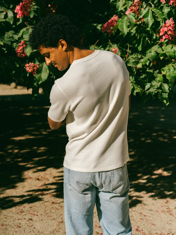 Pétrone T-shirt manches courtes gaufré thermal coton bio tencel blanc crème homme#couleur_blanc-crème