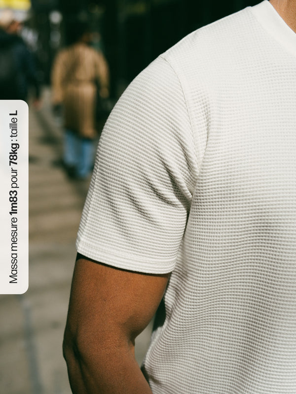 Pétrone T-shirt manches courtes gaufré thermal coton bio tencel blanc crème homme#couleur_blanc-crème