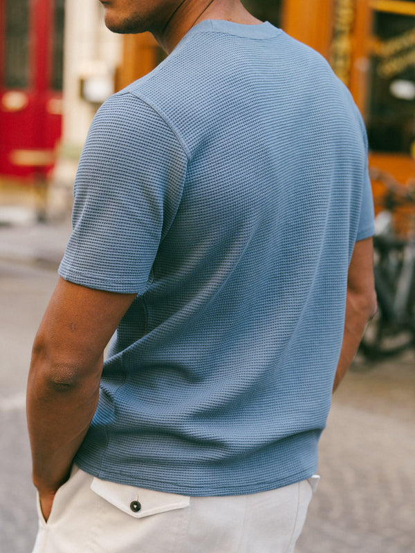Pétrone T-shirt manches courtes gaufré thermal coton bio tencel bleu céruléen homme#couleur_bleu-céruléen