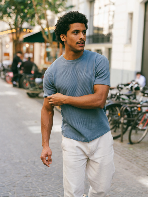Pétrone T-shirt manches courtes gaufré thermal coton bio tencel bleu céruléen homme#couleur_bleu-céruléen