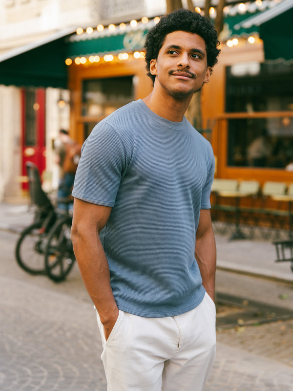 Pétrone T-shirt manches courtes gaufré thermal coton bio tencel bleu céruléen homme#couleur_bleu-céruléen