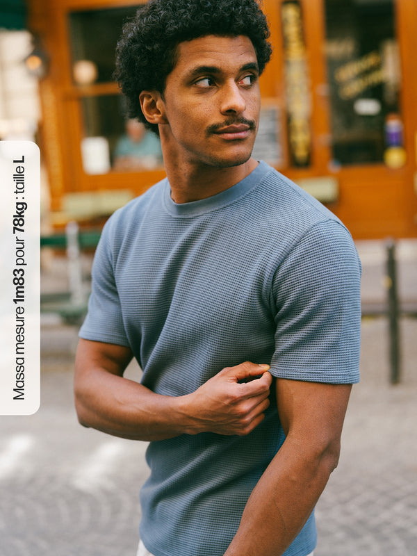 Pétrone T-shirt manches courtes gaufré thermal coton bio tencel bleu céruléen homme#couleur_bleu-céruléen