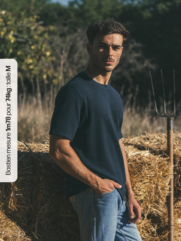 Pétrone T-shirt manches courtes gaufré thermal coton bio tencel bleu marine homme