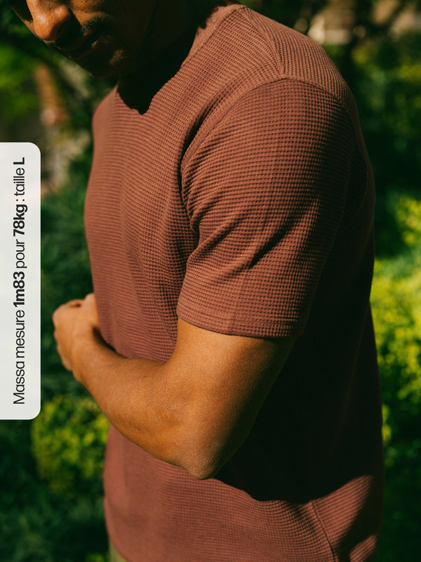 Pétrone T-shirt manches courtes gaufré thermal coton bio tencel noisette homme#couleur_noisette