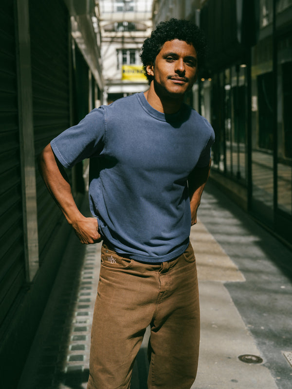 Pétrone T-shirt manches courtes coton bio tencel bleu pigment dye homme#couleur_bleu-délavé