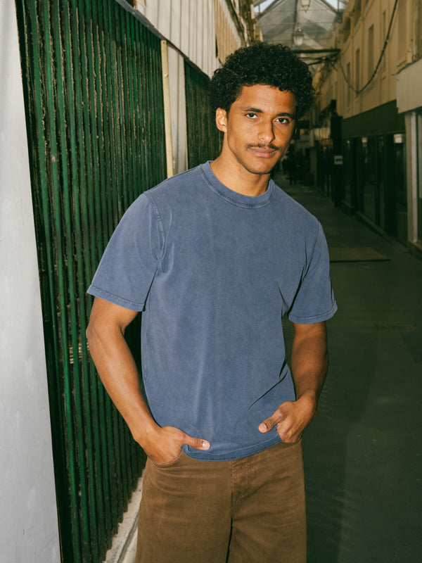Pétrone T-shirt manches courtes coton bio tencel bleu pigment dye homme#couleur_bleu-délavé
