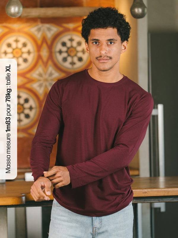 Pétrone T-shirt manches longues coton biologique tencel lyocell lie de vin homme#couleur_bordeaux-foncé