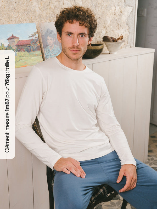 Pétrone T-shirt manches longues coton biologique tencel lyocell blanc crème homme#couleur_blanc-crème