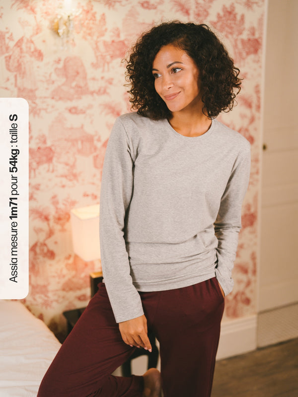 Pétrone T-shirt manches longues coton biologique tencel lyocell gris clair femme#couleur_gris-chiné-clair
