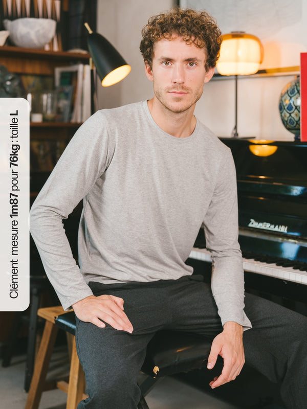 Pétrone T-shirt manches longues coton biologique tencel lyocell gris clair homme#couleur_gris-chiné-clair