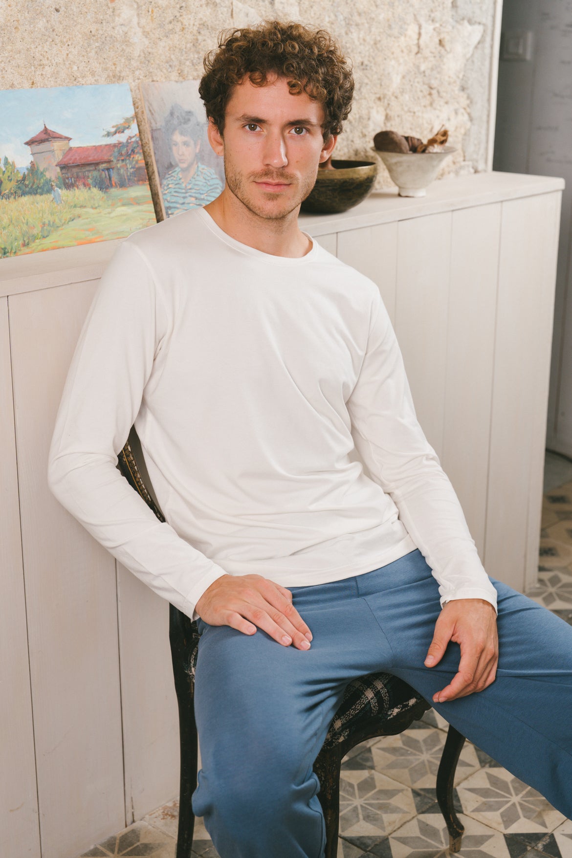 Pétrone T-shirt manches longues coton biologique tencel lyocell blanc crème homme vignette