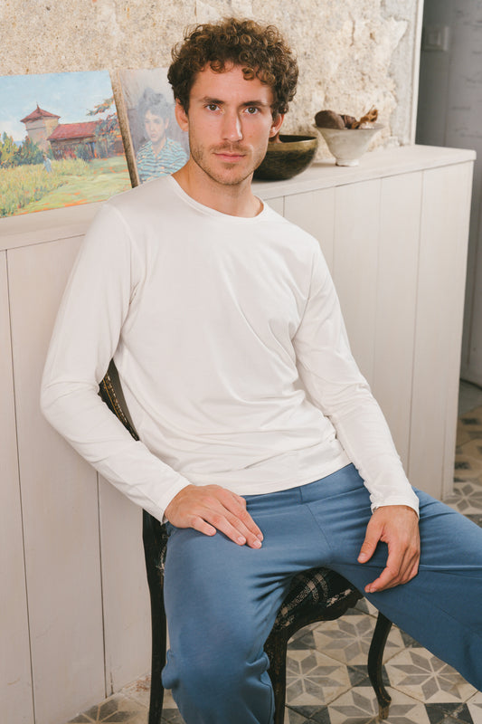 Pétrone T-shirt manches longues coton biologique tencel lyocell blanc crème homme vignette