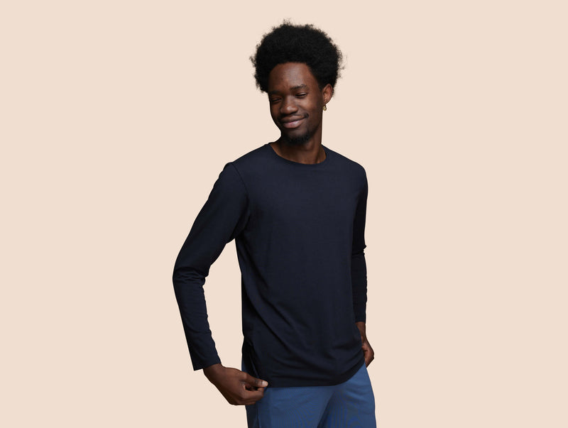 Pétrone T-shirt manches longues coton bio tencel bleu marine homme#couleur_bleu-marine