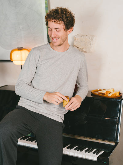 Pétrone T-shirt manches longues coton biologique tencel lyocell gris clair homme#couleur_gris-chiné-clair