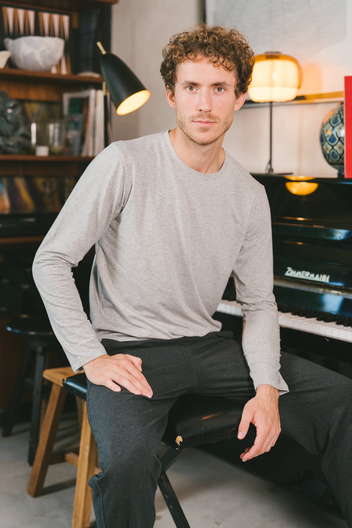 Pétrone T-shirt manches longues coton biologique tencel lyocell gris clair homme