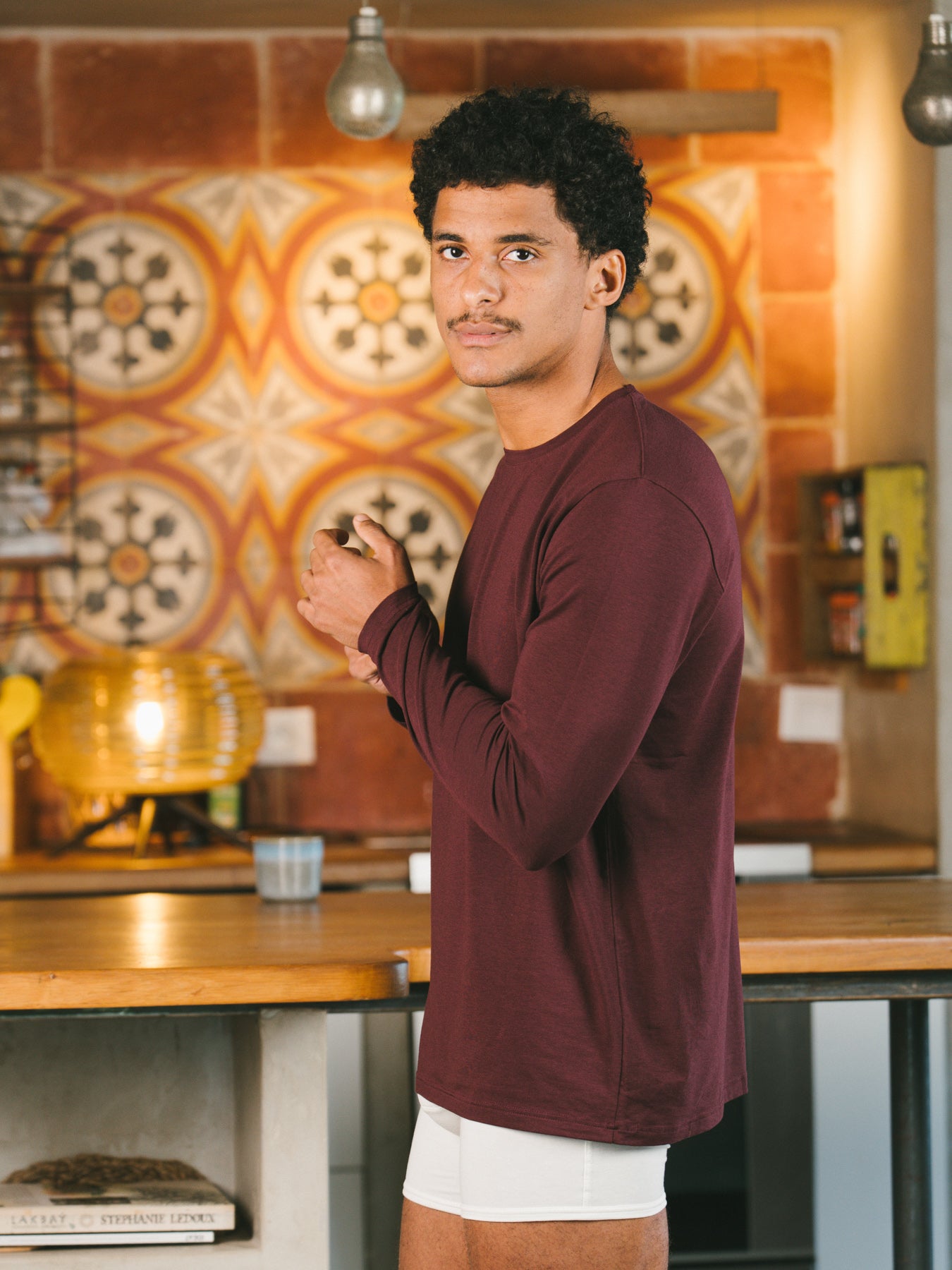 Pétrone T-shirt manches longues coton biologique tencel lyocell lie de vin homme#couleur_lie-de-vin