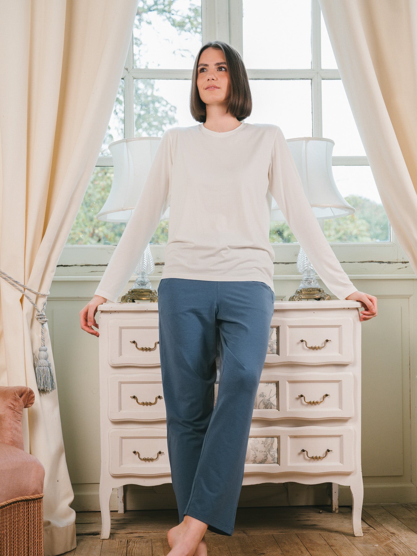 Pétrone T-shirt manches longues coton biologique tencel lyocell blanc crème femme#couleur_blanc-crème