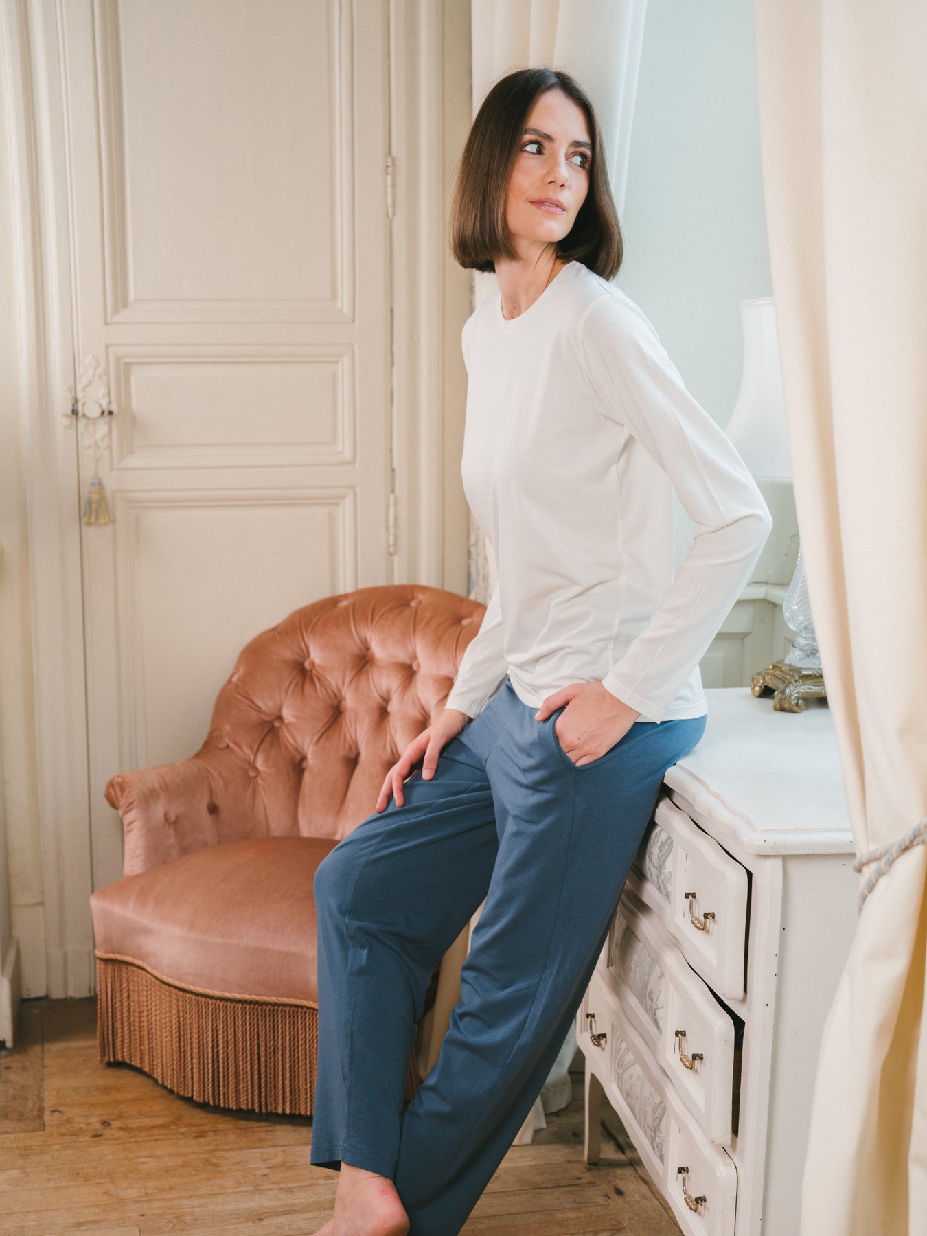 Pétrone T-shirt manches longues coton biologique tencel lyocell blanc crème femme#couleur_blanc-crème