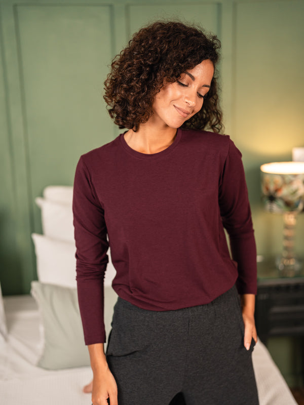 Pétrone T-shirt manches longues coton biologique tencel lyocell lie de vin femme#couleur_bordeaux-foncé