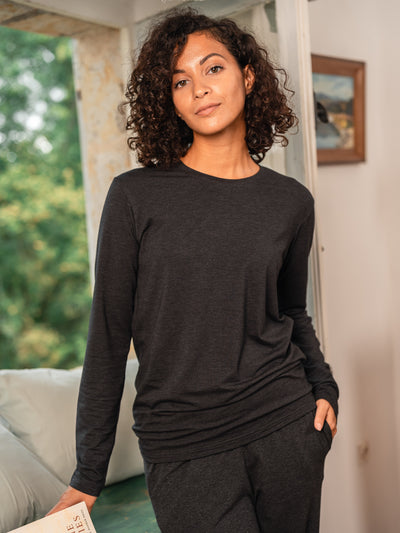 Pétrone T-shirt manches longues coton biologique tencel lyocell gris anthracite femme#couleur_gris-anthracite