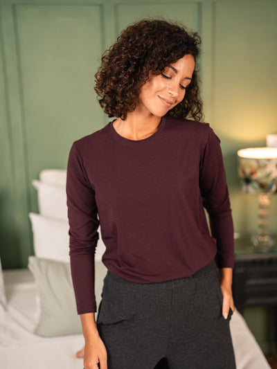 Pétrone T-shirt manches longues coton biologique tencel lyocell lie de vin femme#couleur_lie-de-vin
