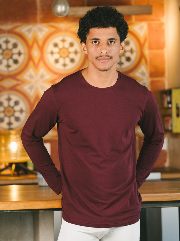 Pétrone T-shirt manches longues coton biologique tencel lyocell lie de vin homme#couleur_bordeaux-foncé