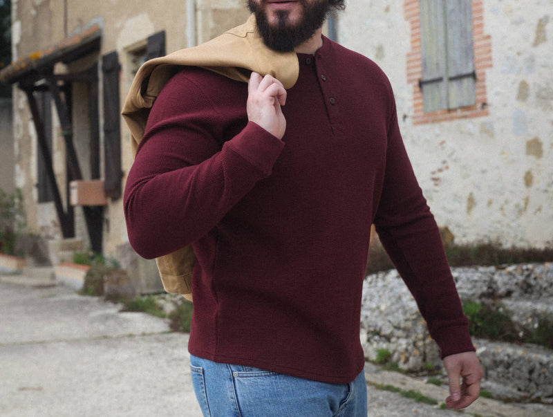 Pétrone Henley cormac manches longues coton bio Tencel bordeaux foncé homme#couleur_bordeaux-foncé