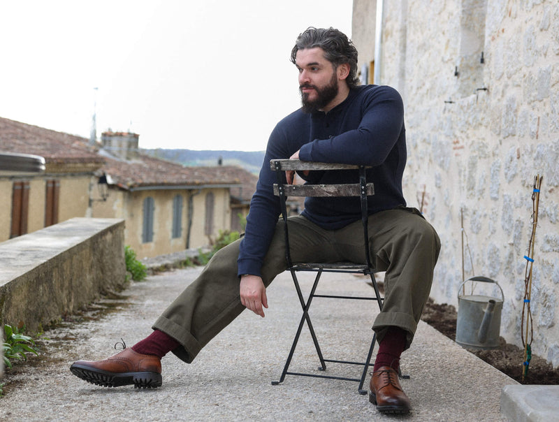Pétrone Henley cormac manches longues coton bio Tencel bleu marine homme#couleur_bleu-marine