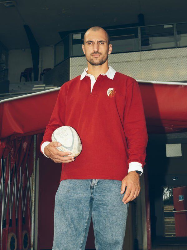Pétrone RCA Polo manches longues héritage rugby coton bio rouge homme