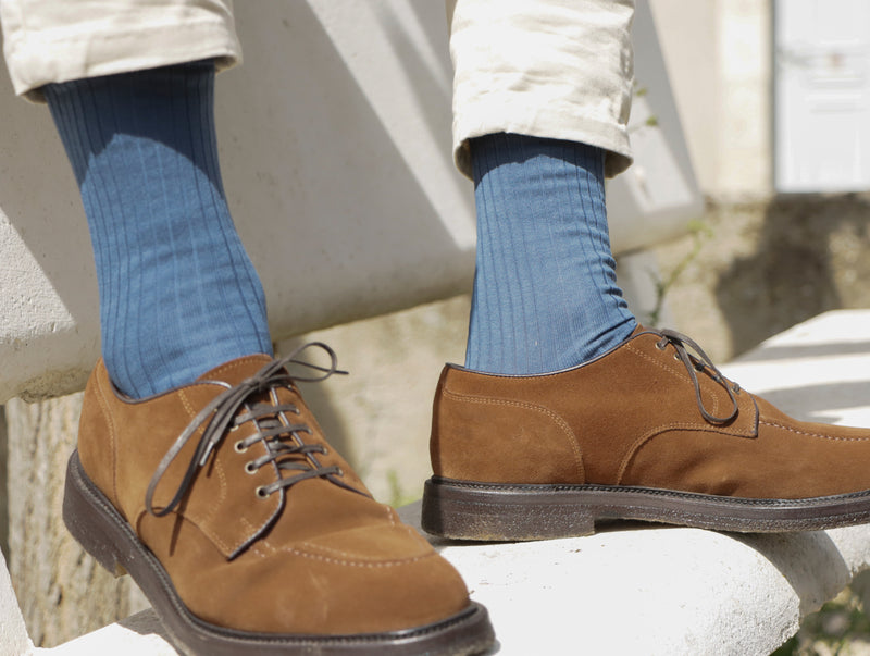 Pétrone chaussettes côtelées mi-mollet en fil d'Ecosse italien bleu céruléen hommes#couleur_bleu-céruléen