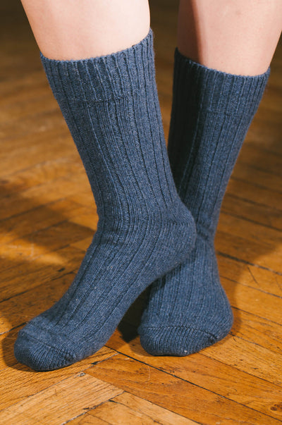 Pétrone chaussettes chaudes côtelées laine mérinos bleu chiné homme vignette