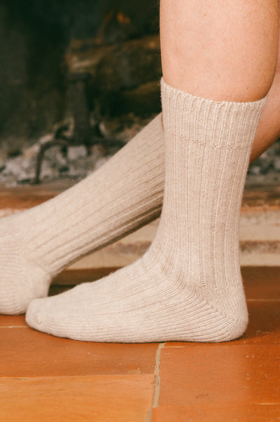 Pétrone chaussettes chaudes côtelées laine mérinos blanc crème homme vignette