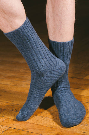 Pétrone chaussettes chaudes côtelées laine mérinos bleu chiné homme vignette