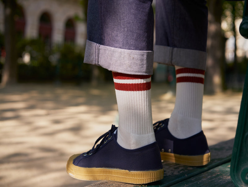 Petrone-chaussettes-tennis-coton-bio-rayures-hautes-homme-écru-rouille#couleur_écru---rouille