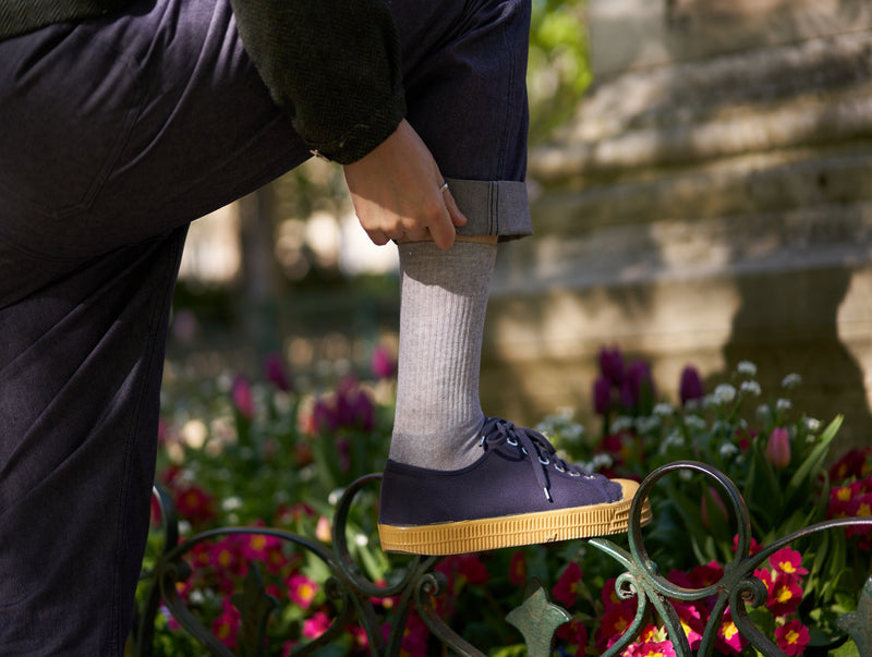 Petrone-chaussettes-tennis-coton-bio-unies-hautes-homme-gris clair chiné#couleur_Gris chiné clair