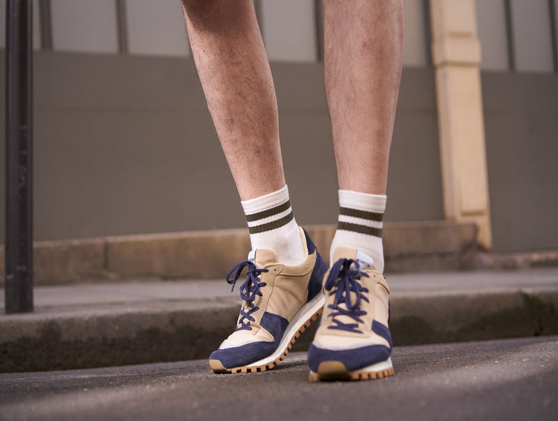 Petrone-chaussettes-tennis-coton-bio-rayures-basses-homme-écru-vert kaki#couleur_écru---vert-kaki