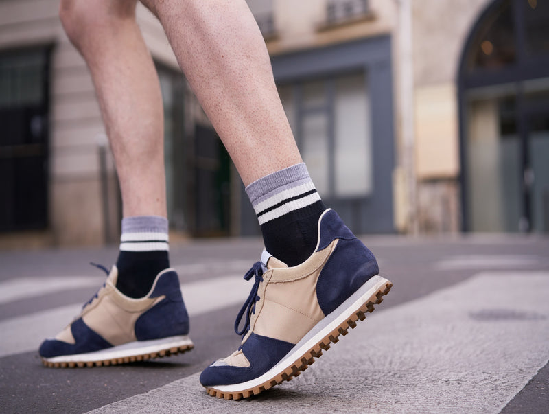 Petrone-chaussettes-tennis-coton-bio-retro-basses-homme-bleu marine-gris clair#couleur_bleu-marine---gris-clair
