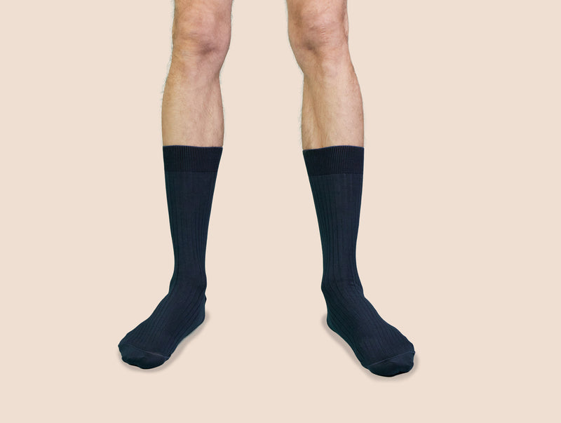 Pétrone chaussettes côtelées mi-mollet en fil d'Ecosse italien bleu acier hommes#couleur_bleu-acier