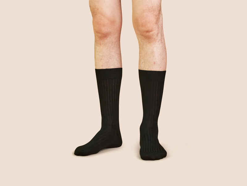 Pétrone chaussettes côtelées mi-mollet en fil d'Ecosse italien noir hommes#couleur_noir