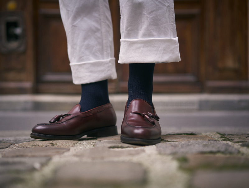 Pétrone chaussettes nid d'abeille fil d'Ecosse bleu marine homme#couleur_bleu-marine