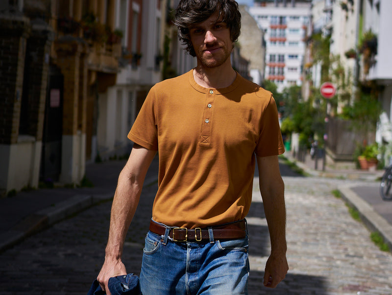 Pétrone Henley manches courtes coton bio ocre homme#couleur_ocre